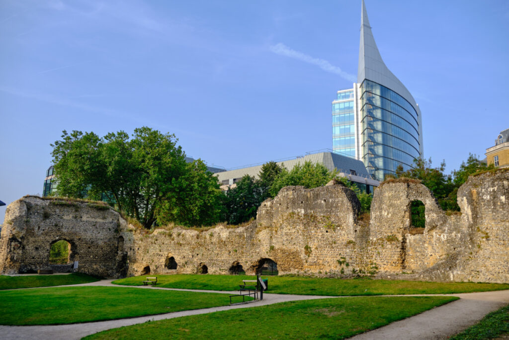 Ruins near modern building in Reading, U.K.