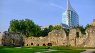 Ruins near modern building in Reading, U.K.