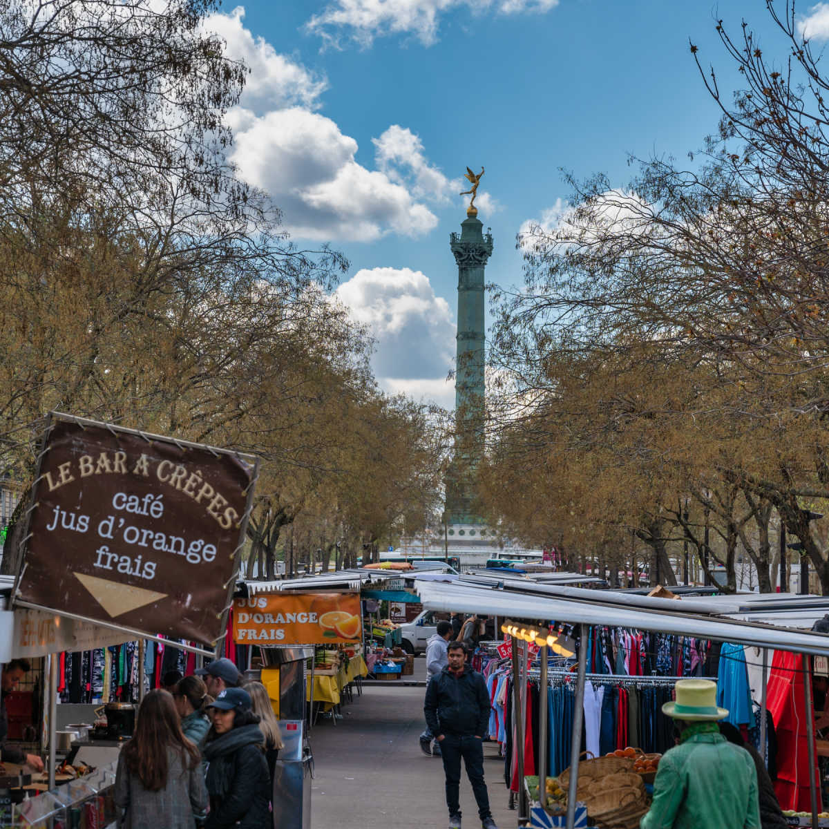 Paris, France - city skyline at Place de la Bastille market with many shop and tourist
