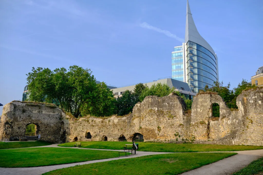 Ruins near modern building in Reading, U.K.