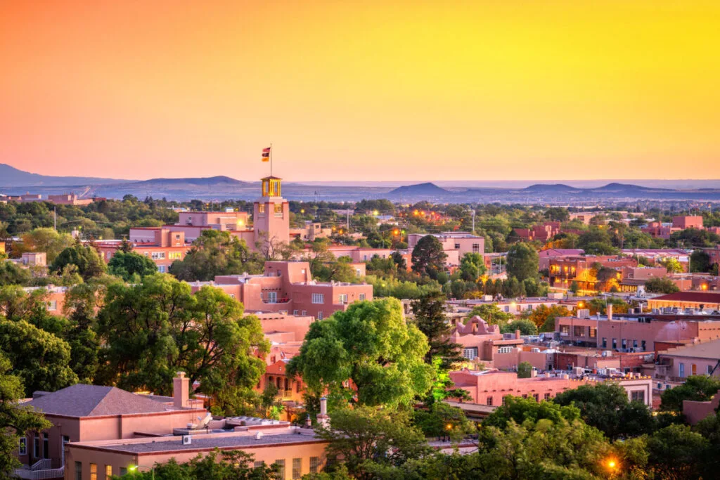 Santa Fe, NM cityscape in foothills of mountains