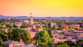 Santa Fe, NM cityscape in foothills of mountains