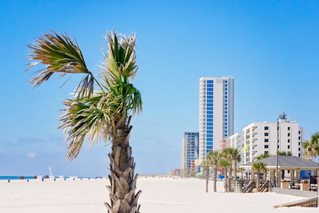 Towering condos on white sand beach in Gulf Shores