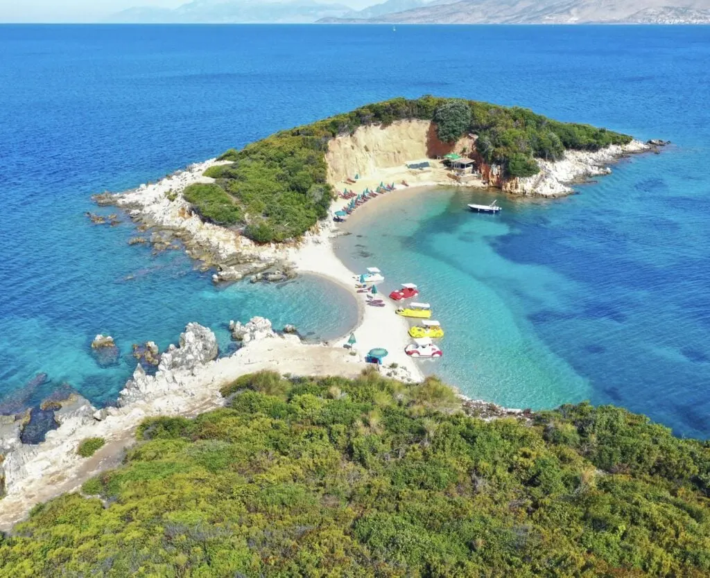 Ksamil beaches. Four islands. The bay. Ksamil. Albania. Sandy embankment.