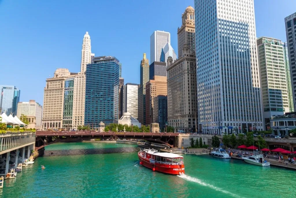Tourist cruise boat on river in Chicago
